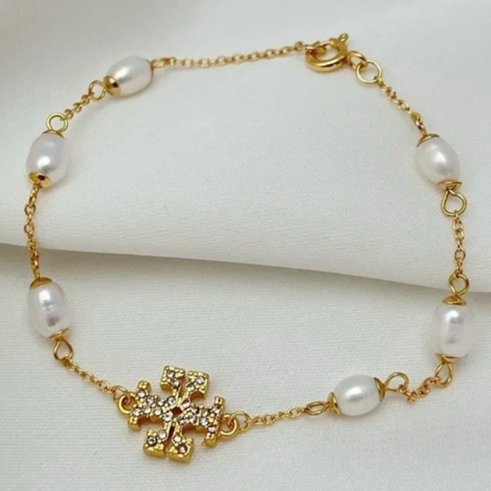 Tory Burch Delicate Pave logo and Pearl Bracelet